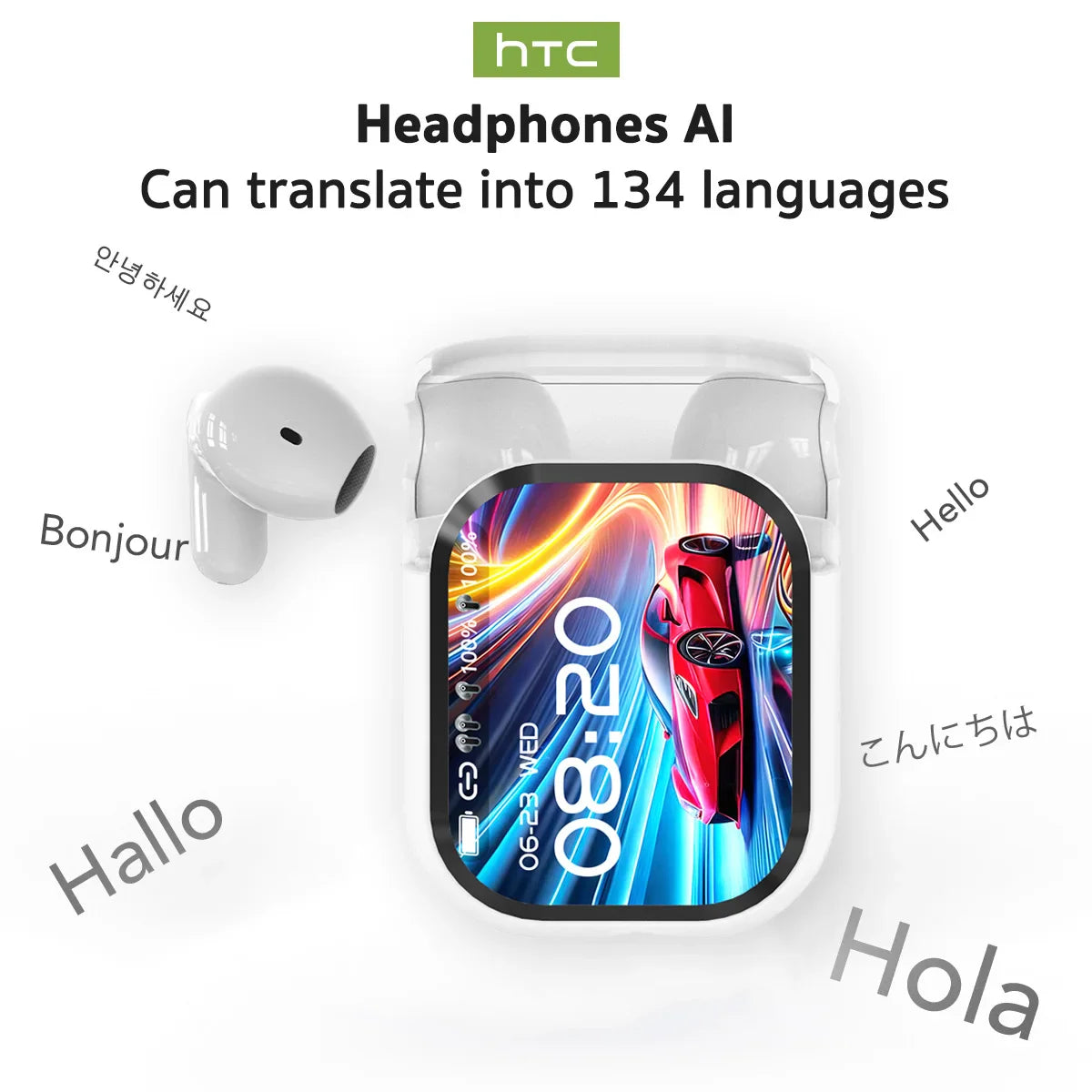Ne20 Bluetooth V6.0 Earphones with AI Translator, LCD Touch Screen, Wireless Sports Headphones, HD Stereo Sound, Long Battery Life